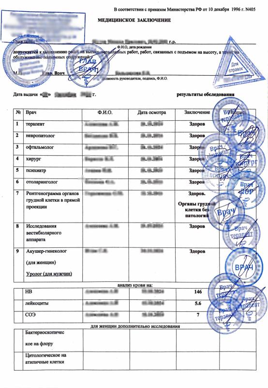 Медицинская справка для работы на высоте (форма 405) 